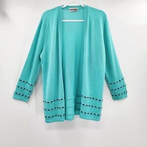 VTG San Remo by Laura Knits Blue Embroidered Knit Cardigan Size M Made in USA